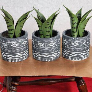 Faux Plants in Grey Tribal Print Faux Cement Pots Set of 3 4"Wx9"H